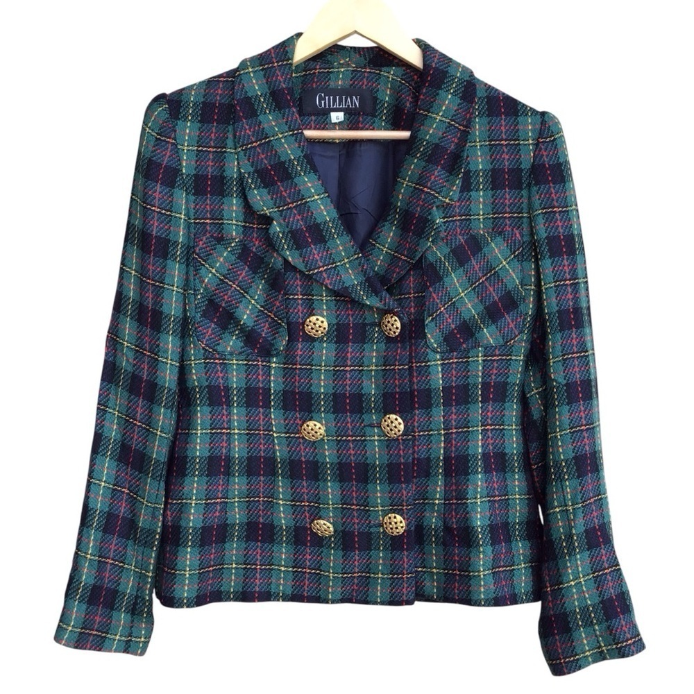 Vintage Gillian Green Multicolor Plaid Blazer Women’s Size 6